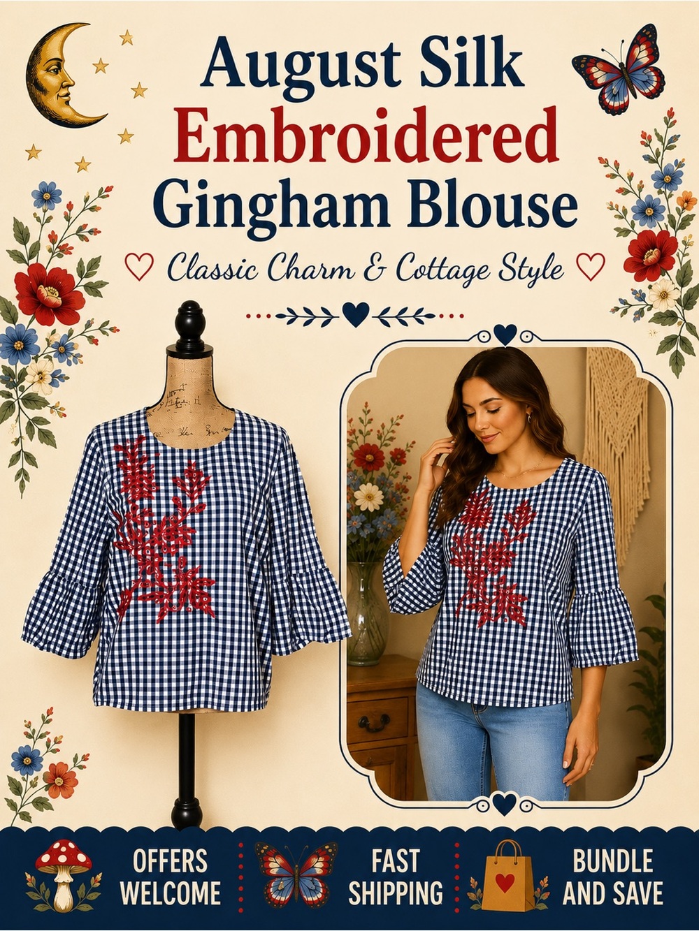 August Silk Blue White Gingham Embroidered Bell Sleeve Blouse Size XLarge